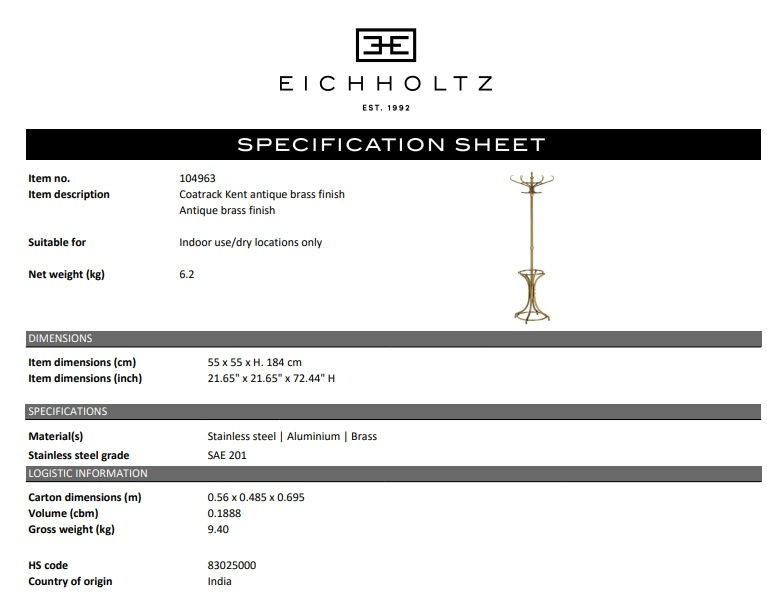 Hatthylla Kent antik mässingsfinish, Eichholtz-104963