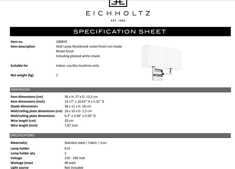 Westbrook Vägglampa nickel, Eichholtz-108859