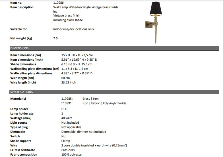 Vägglampan Waterloo Single, Eichholtz-110986