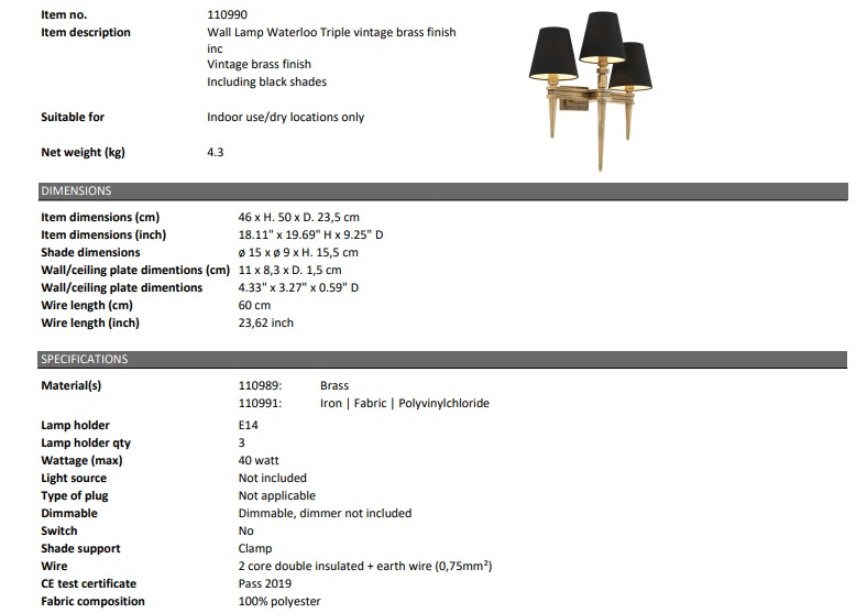 Vägglampan Waterloo Triple vintage mässingsfinish-110990