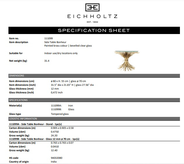 Sidobord Bonheur,ø 80 cm, guldfinish, Eichholtz- 111099
