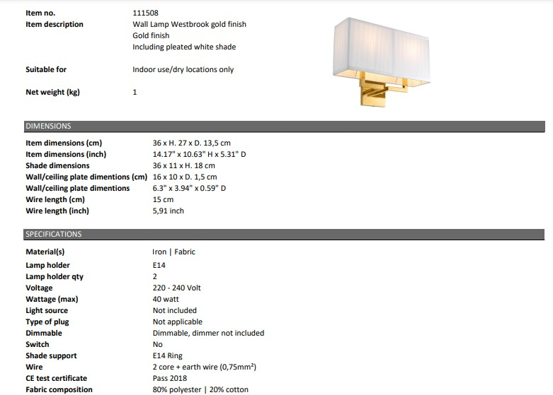 Westbrook Vägglampa guld, Eichholtz-111508