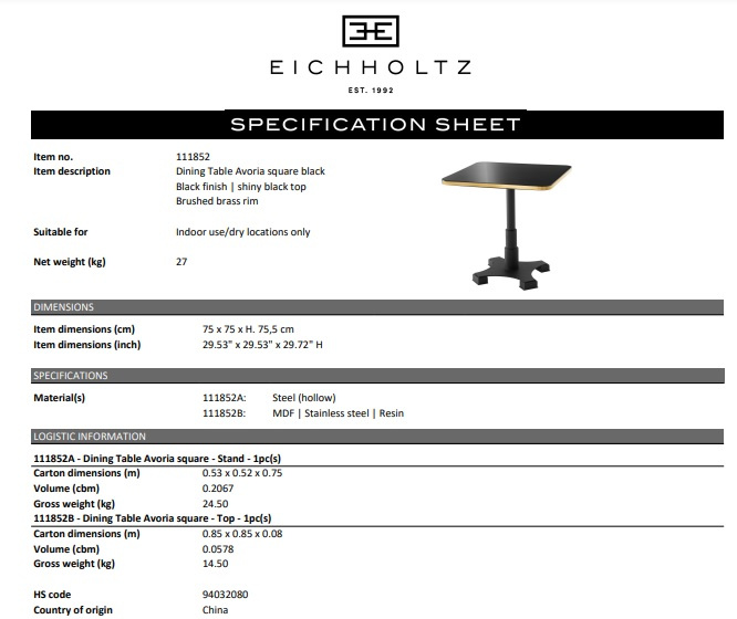 Matbord Avoria Square, svart, Eichholtz- 111852
