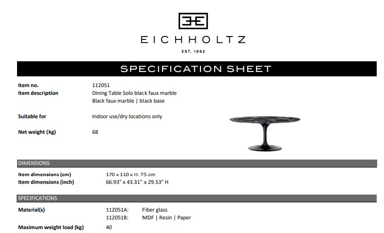 Matbord Solo, svart Faux-marmor, Eichholtz- 112051