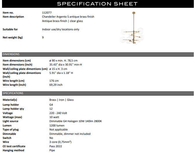 Argento taklampa mässing-112077