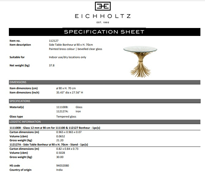 Sidobord Bonheur,ø 90 cm, guldfinish, Eichholtz- 112127