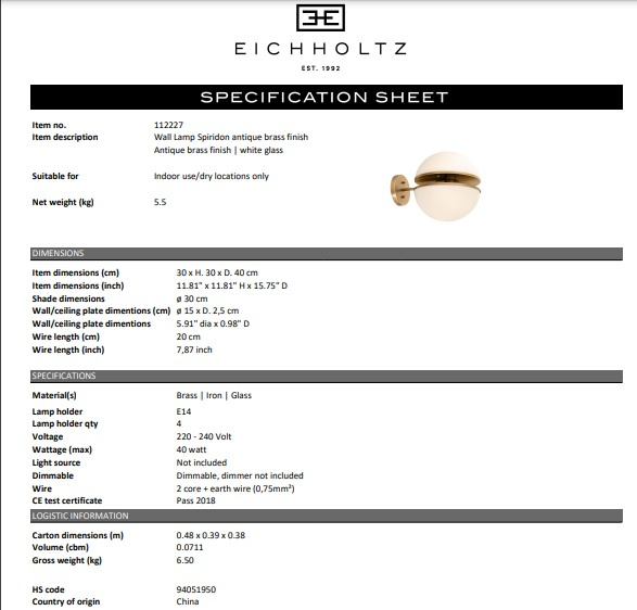 Vägglampa Spiridon, antik mässingsfinish, Eichholtz- 112227