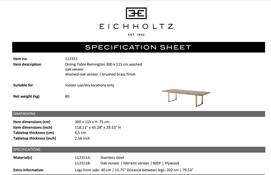 Matbord Remington, tvättad ekfanér, 300 cm, Eichholtz- 112311