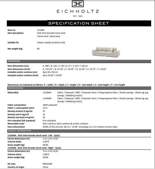 Soffa Vista Grande, Clarck sand, Eichholtz- 112564