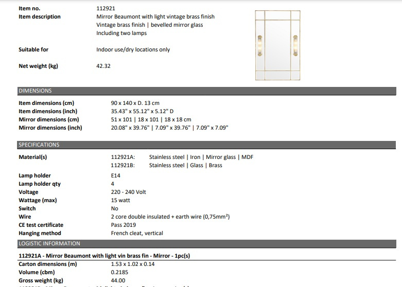 Beaumont-spegel med fasat spegelglas och en ram med antik mässingsfinish-112921