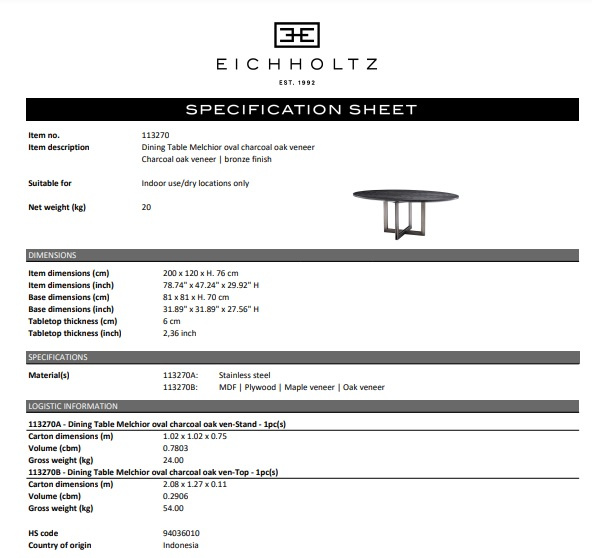 Matbord Melchior, ovalt, ekfanér i kolgrått, bronsfinish, Eichholtz- 113270