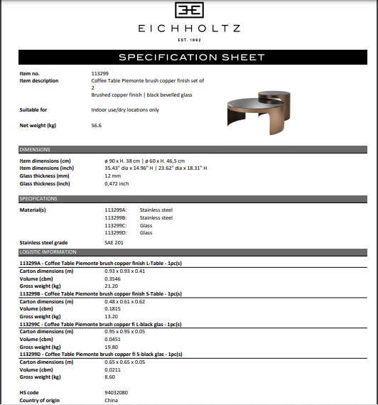 Soffbord Piemonte, borsta kopparfinish, set om 2, Eichholtz- 113299