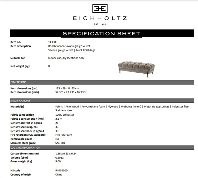Bänk Sienna, Savona greige sammet, Eichholtz- 113389