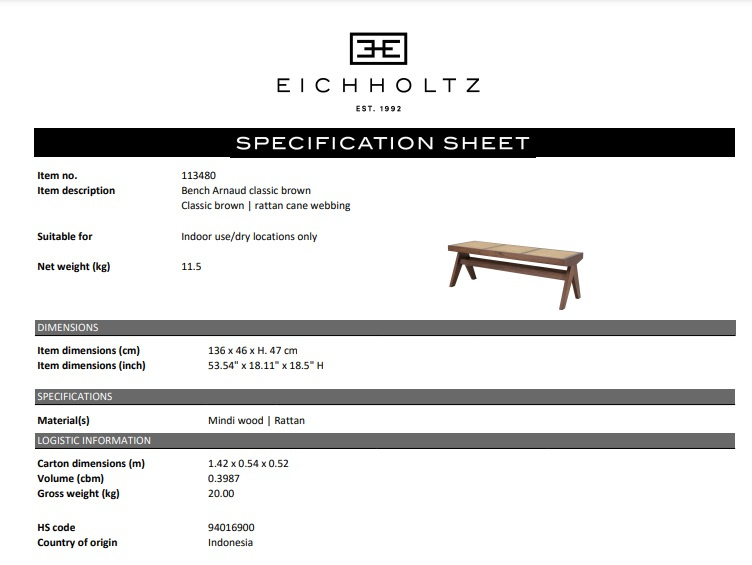 Bänk Arnaud, brun, rottingkäpp, Eichholtz- 113480