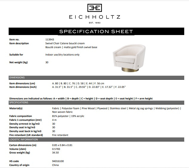Vridstol Catene, bouclé kräm, Eichholtz -113943