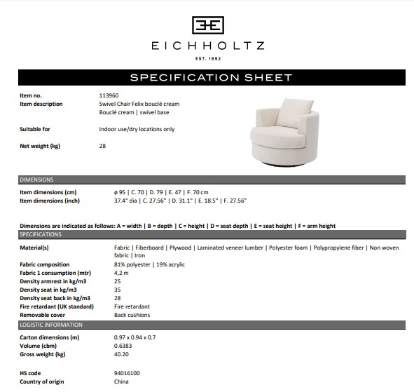 Vridstol Felix, bouclé kräm, Eichholtz- 113960