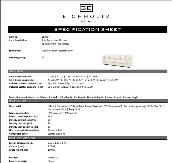 Soffa Taylor, bouclé kräm, Eichholtz- 113984