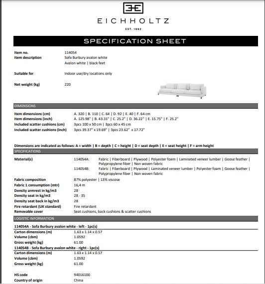 Soffa Burbury, Avalon vit, Eichholtz- 114054