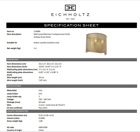 Vägglampa Morrison S, antik mässingsfinish, Eichholtz- 114089