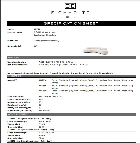 Soffa Björn L, bouclé kräm, Eichholtz- 114289