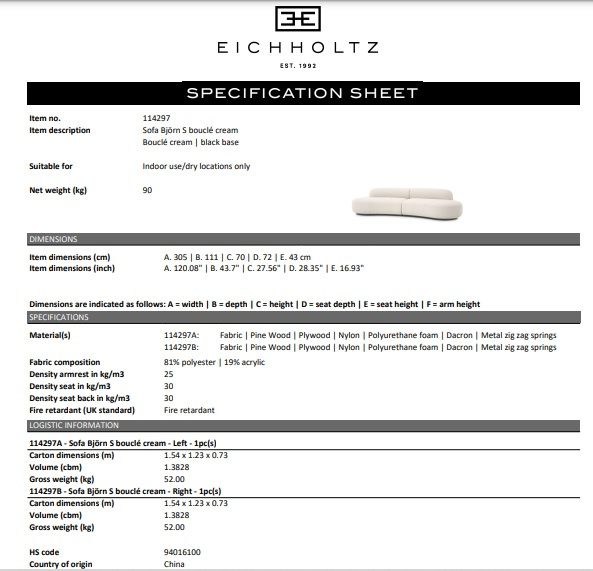Soffa Björn S,  bouclé kräm, Eichholtz- 114297