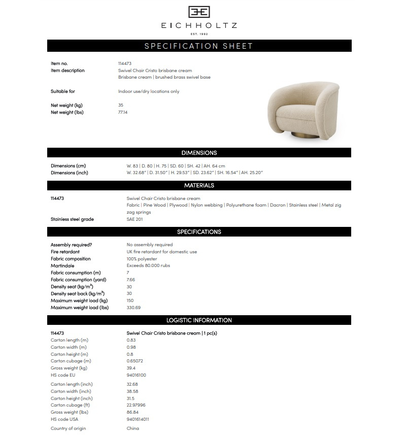 Cristo vridbar fåtölj brisbane cream, Eichholtz- 114473