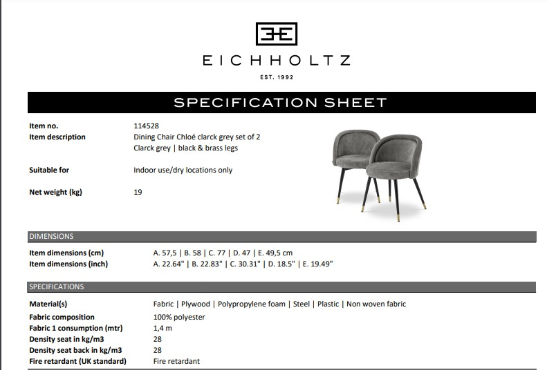 Matstol Chloé set om 2, Clarck grey, Eichholtz- 114528