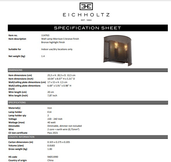 Vägglampa Morrison S, brons highlight finish, Eichholtz- 114763