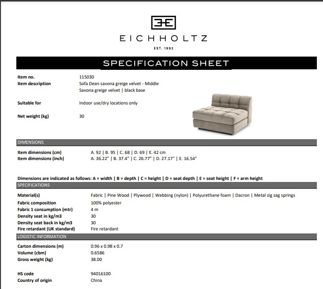 Soffa Dean mitten, savona greige sammet, Eichholtz- 115030