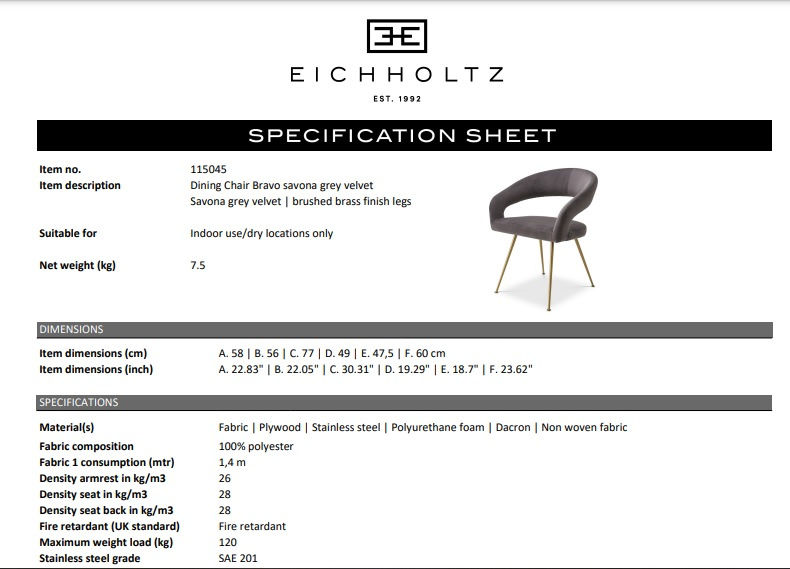 Matstol Bravo, Savona grå sammet, Eichholtz-115045