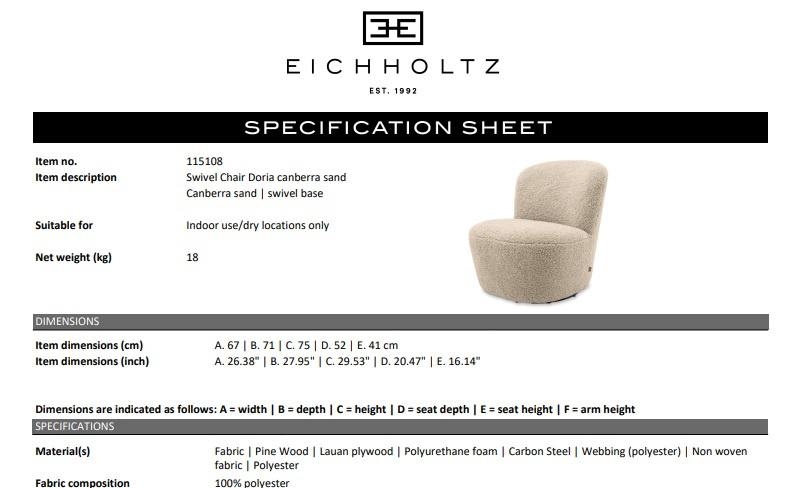 Doria vridbar fåtölj canberra sand, Eichholtz-115108