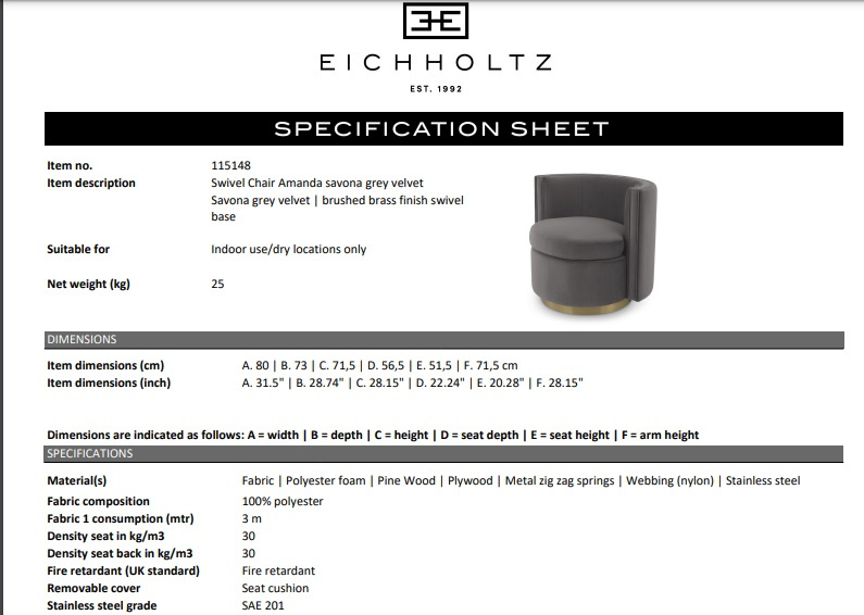 Vridstol Amanda savona grå sammet, Eichholtz- 115148