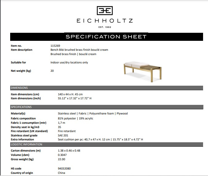 Bänk Bibi, Borstad mässing / bouclé kräm, Eichholtz- 115269