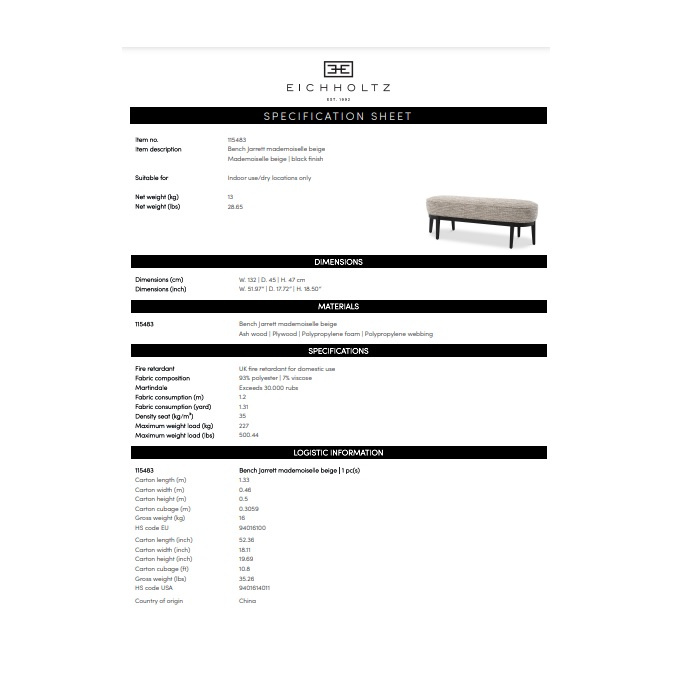 Eichholtz Bänk Jarrett, Mademoiselle beige,svart finish- 115483