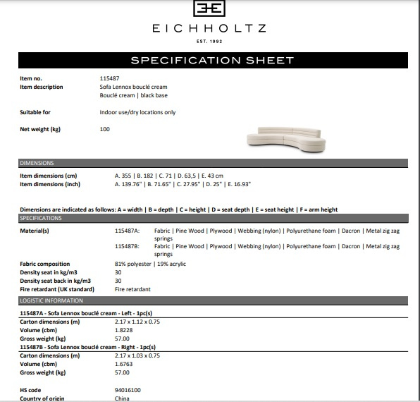 Soffa Lennox, bouclé kräm, Eichholtz- 115487