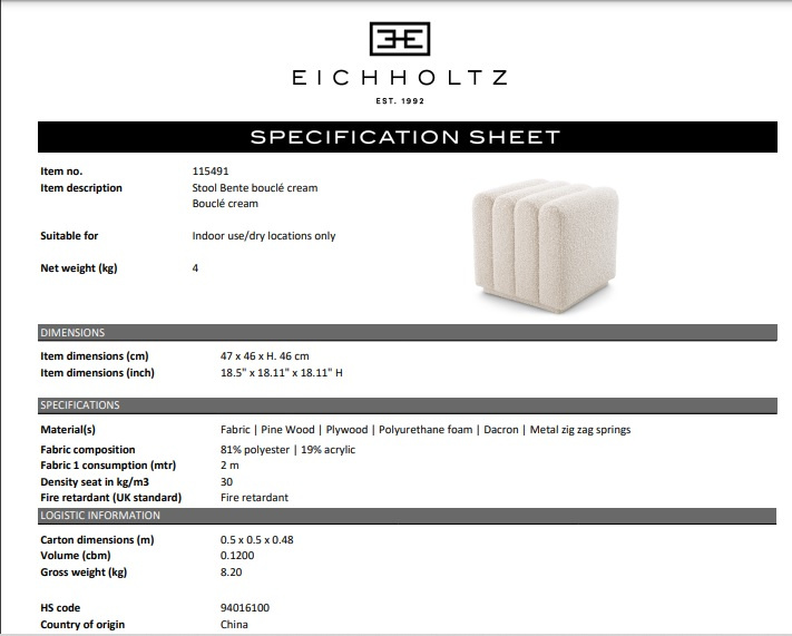 Bente ottoman, bouclé kräm, Eichholtz - 115491