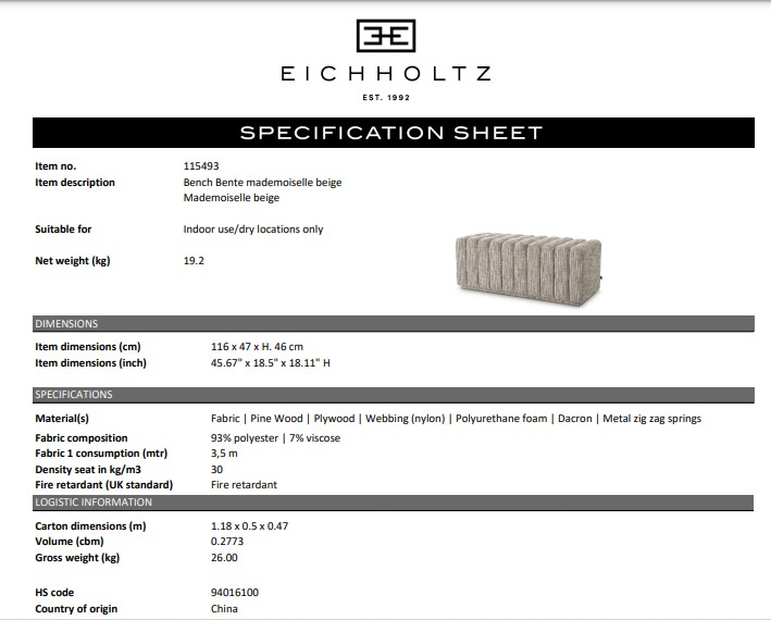 Bente bänk, Mademoiselle beige, Eichholtz - 115493