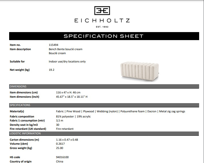 Bente bänk, bouclé kräm, Eichholtz - 115494
