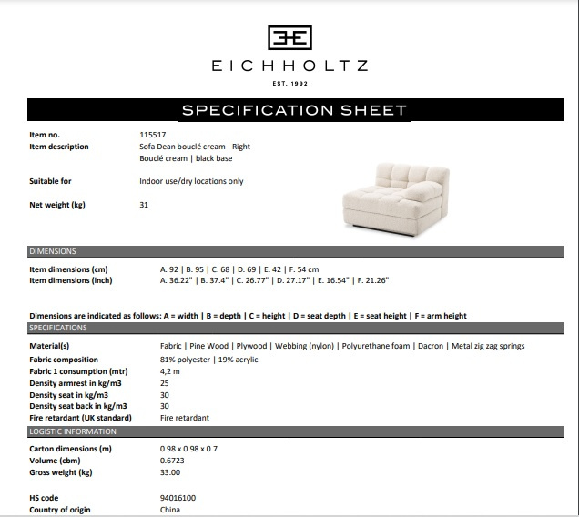 Soffa Dean höger, bouclé kräm, Eichholtz- 115517
