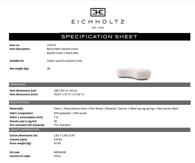 Bänk Björn,  bouclé kräm, Eichholtz- 115574