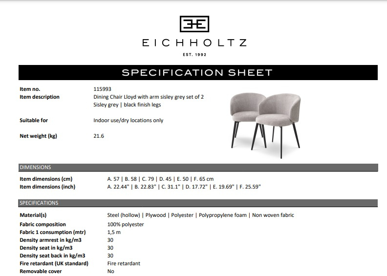 Matstol Lloyd med armstöd, set om 2, Sisley grå, Eichholtz- 115993
