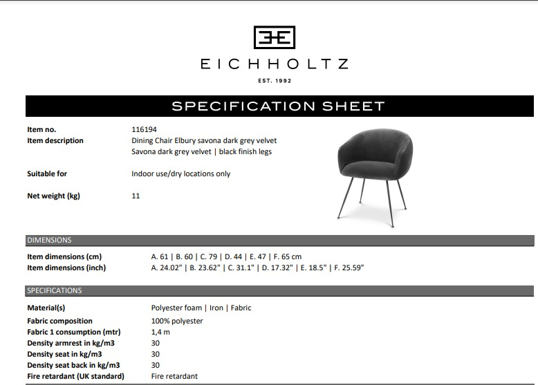 Matstol Elbury, Savona mörkgrå sammet, Eichholtz- 116194