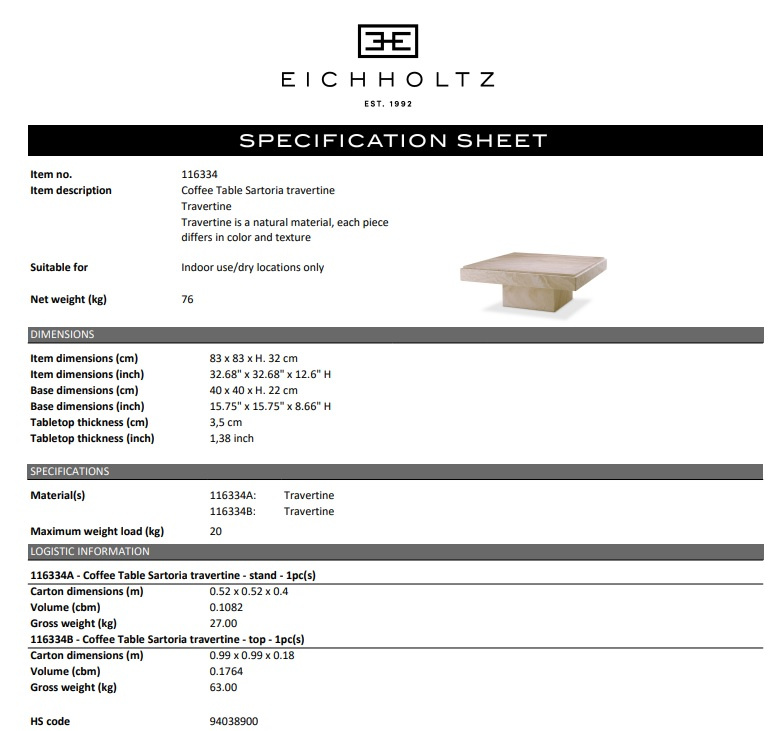 Kaffebord Sartoria travertine, Eichholtz-116334