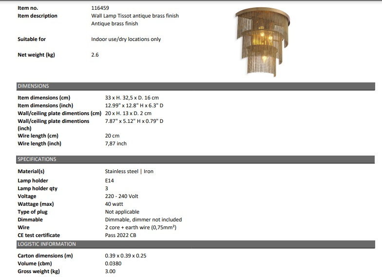 Tissot vägglampa mässing, Eichholtz-116459