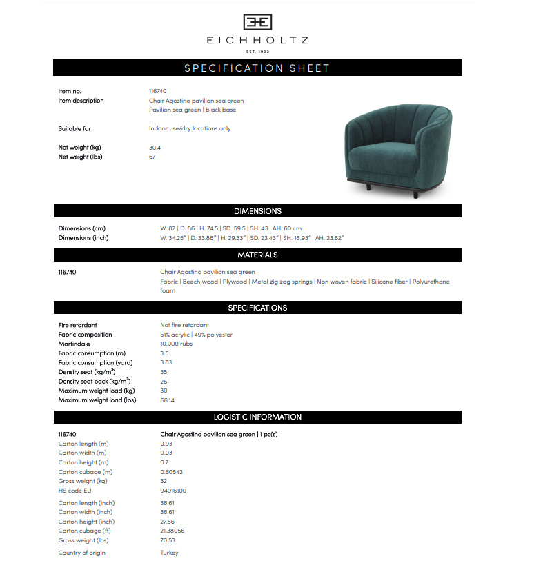 Agostino Fåtölj Paviljong havsgrön, Eichholtz - 116740