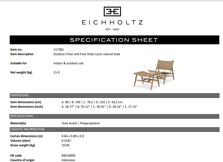Utomhusstol och fotpall Laroc i naturlig teak-117381