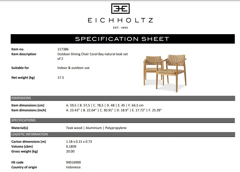 Utomhusmatstol Coral Bay i naturlig teak, set om 2-117386