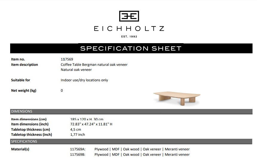 Bergman soffbord, Naturlig ekfanér, Eichholtz- 117569