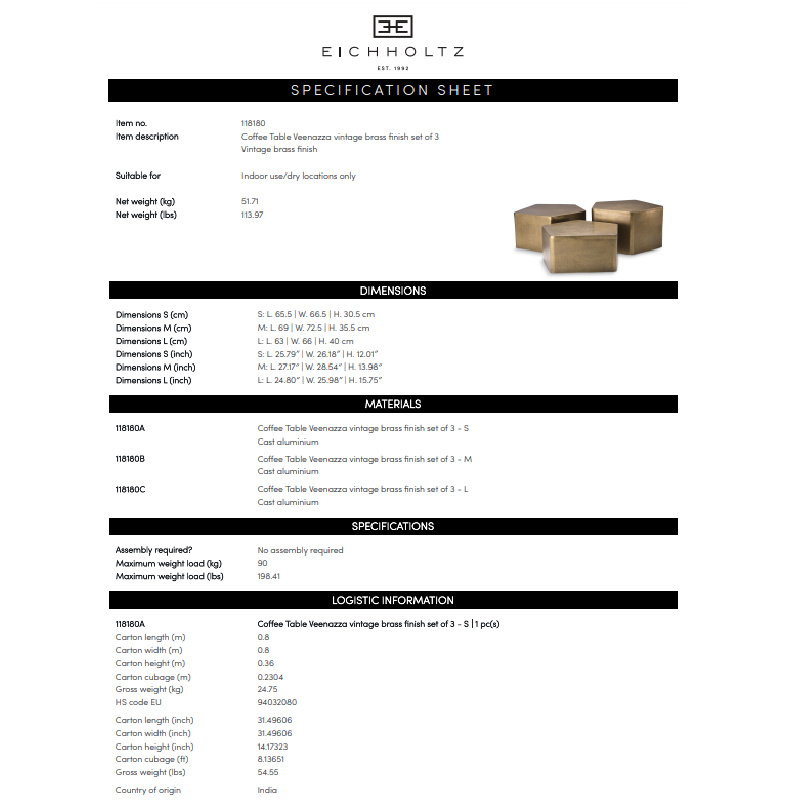 Eichholtz Soffbord Veenazza set om 3 Vintage mässingsfinish - 118180