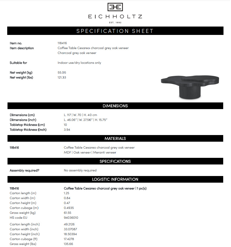 Eichholtz Soffbord Cesareo, kolgrå ekfanér - 118416